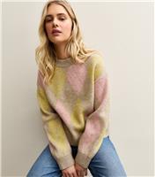 Women's Pink and Yellow Argyle Crew Neck Midweight Knit Jumper New Look