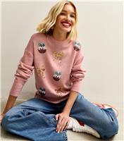 Women's Pink Sequin Bow and Pudding Christmas Jumper New Look
