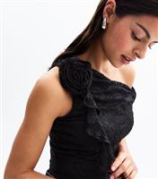 Women's Black Lace Corsage Frilly Trim Off The Shoulder Top New Look
