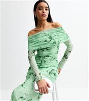 Women's Green Floral Print Mesh Bardot Midi Dress New Look