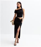 Women's Black Hardware Detail Side Slit Gathered Midi Skirt New Look