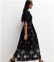 Women's Black Palm Embroidered Midi Dress New Look