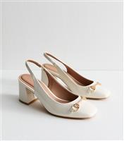 Women's Off White Faux Patent Snaffle Detail Block Heel Slingback Pumps Vegan New Look
