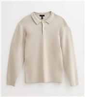 Men's Stone Relaxed Fit Long Sleeve Button Polo Shirt New Look