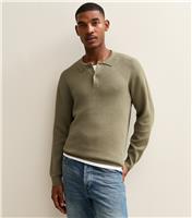 Men's Khaki Relaxed Fit Long Sleeve Button Polo Shirt New Look