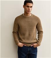 Men's Mid Brown Regular Fisherman Knit Crew Neck Jumper New Look