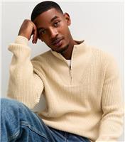 Men's Oatmeal Regular Quarter Zip Funnel Neck Jumper New Look