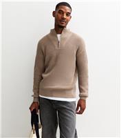 Men's Mink Regular Quarter Zip Funnel Neck Jumper New Look