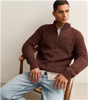 Men's Dark Brown Regular Quarter Zip Funnel Neck Jumper New Look
