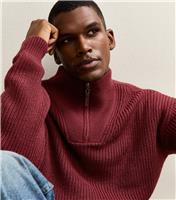 Men's Light Burgundy Regular Quarter Zip Funnel Neck Jumper New Look