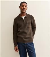 Men's Dark Brown Regular Fit Long Sleeve Brushed Quarter Zip Polo Knit Jumper New Look