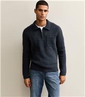 Men's Navy Regular Fit Long Sleeve Brushed Quarter Zip Polo Knit Jumper New Look