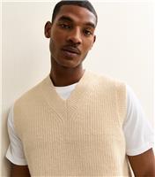 Men's Oatmeal Relaxed V-Neck Vest New Look