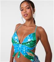 Women's Blue Sequin Butterfly Top Pink Vanilla New Look
