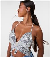 Women's Silver Sequin Butterfly Top Pink Vanilla New Look
