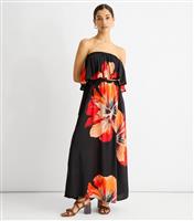 Women's Black Floral Print Strapless Midi Dress Gini London New Look