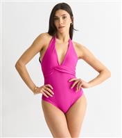 Women's Bright Pink Halterneck Swimsuit Gini London New Look