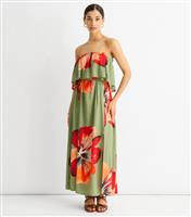Women's Khaki Floral Print Bandeau Maxi Dress Gini London New Look