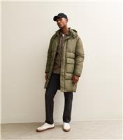 Men's Dark Khaki Regular Longline Puffer Jacket New Look