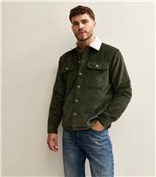 Men's Khaki Relaxed Corduroy Contrast Borg Collar Jacket New Look