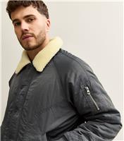 Men's Grey Regular Fit Borg Collar Bomber Jacket New Look