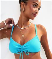 Women's Light Blue Popcorn Stitch Ruched Front Bikini Top New Look