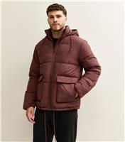 Men's Dark Brown Hooded Puffer Jacket New Look