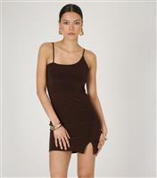 Women's Brown Slinky Asymmetrical Strappy Mini Dress WKNDGIRL New Look