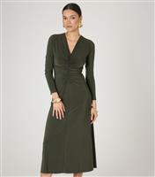 Women's Green Slinky Ruched V-Neck Midi Dress WKNDGIRL New Look