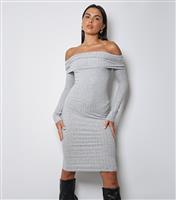 Women's Grey Ribbed Bardot Midi Dress WKNDGIRL New Look