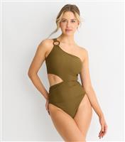 Women's Olive Cut Out One Shoulder Swimsuit Gini London New Look