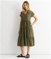 Women's Khaki Tiered Midi Smock Dress Gini London New Look