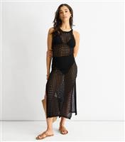 Women's Black Crochet Bodycon Slit Hem Midi Dress Gini London New Look