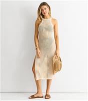 Women's Stone Crochet Bodycon Slit Hem Midi Dress Gini London New Look