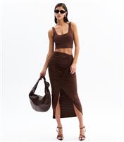 Women's Brown Ruched Slit Hem Midi Skirt New Look