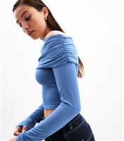 Women's Blue Long Sleeve Ruched Bardot Top New Look