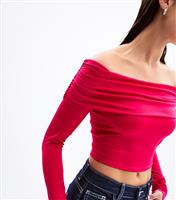 Women's Bright Pink Long Sleeve Ruched Bardot Top New Look