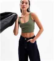 Women's Khaki Square Neck Jersey Crop Top New Look