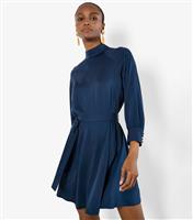 Women's Navy High Neck Satin Mini Dress Apricot New Look