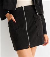 Women's Black Corduroy Zip Up Mini Skirt Gini London New Look