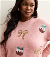 Women's Plus Size Pink Christmas Pudding Embellished Jumper Curves New Look