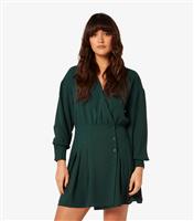 Women's Dark Green Wrap Shirt Dress Apricot New Look