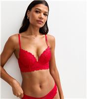 Women's Red Lace Mesh Longline Push Up Bra New Look