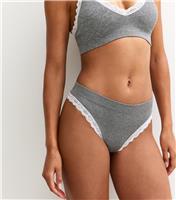Women's Grey Contrast Lace Ribbed Thong New Look