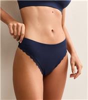 Women's Dark Blue Seamless Lace Trimmed Ribbed Jersey Thong New Look