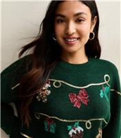 Women's Petite Green Sequin Christmas Motif Jumper New Look