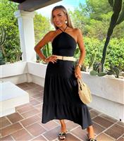 Women's Black Halterneck Straw Belt Tiered Midi Dress AX Paris New Look