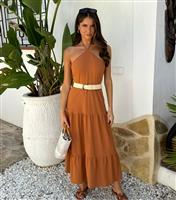 Women's Rust Halterneck Straw Belt Tiered Midi Dress AX Paris New Look