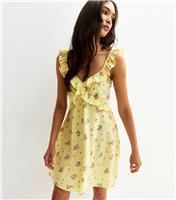 Women's Yellow Floral Print Ruffle Trimmed Mini Dress New Look