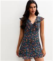 Women's Black Floral Print Ruffled Chiffon Mini Dress New Look